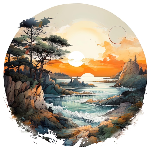 uma pintura de um pôr-do-sol com uma cena de praia e o oceano ao fundo