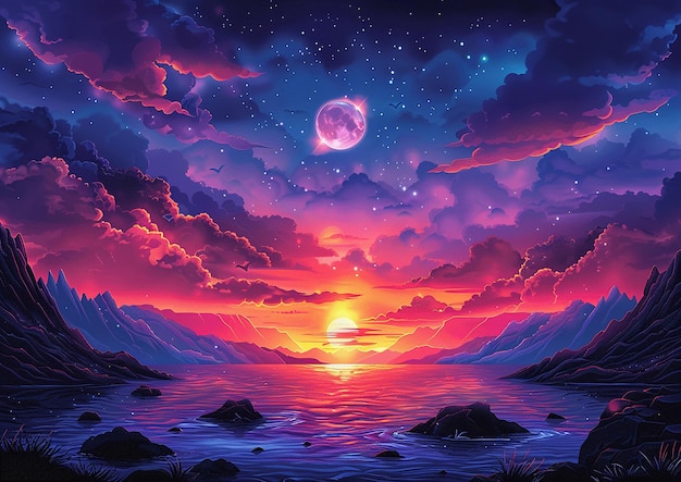 uma pintura de um pôr-do-sol com uma lua e nuvens no céu