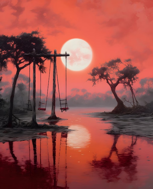 Uma pintura de um pôr do sol com uma lua vermelha e árvores ao fundo.