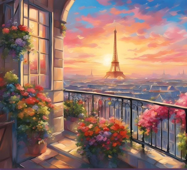 uma pintura de um pôr do sol com varanda e vista da cidade.