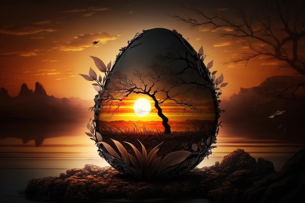 Uma pintura de um pôr do sol e uma árvore dentro de um ovo.