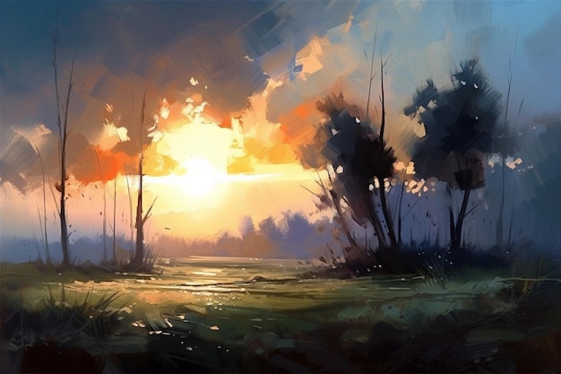 Uma pintura de um pôr do sol na floresta