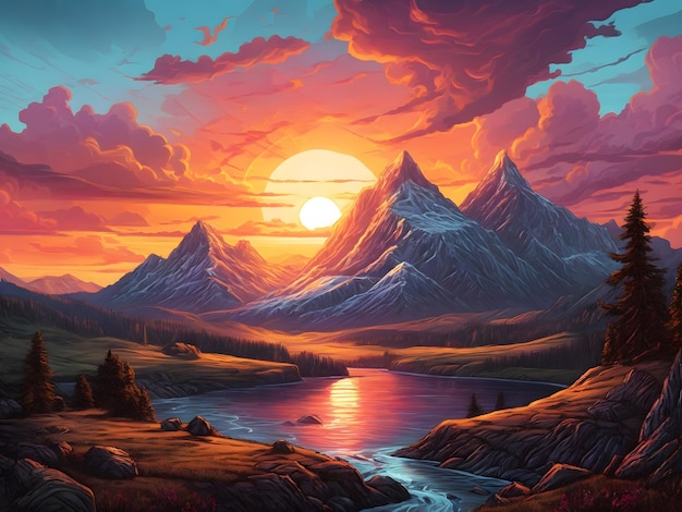 Uma pintura de um pôr do sol na paisagem do apocalipse das montanhas
