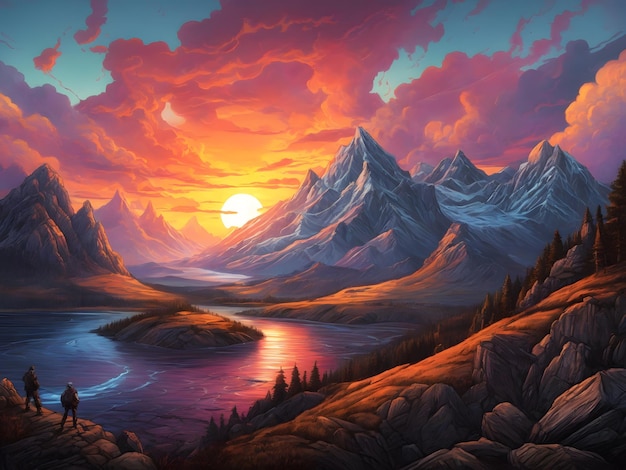 Uma pintura de um pôr do sol na paisagem do apocalipse das montanhas