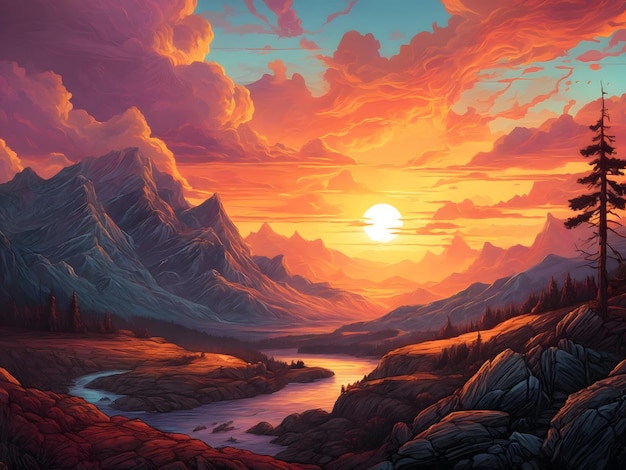 Uma pintura de um pôr do sol na paisagem do apocalipse das montanhas