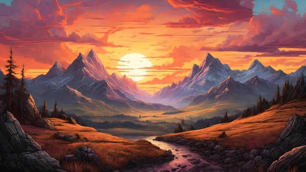 Uma pintura de um pôr do sol na paisagem do apocalipse das montanhas