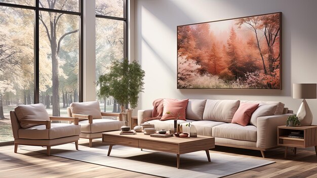 uma pintura de um pôr-do-sol pendurada acima de um sofá