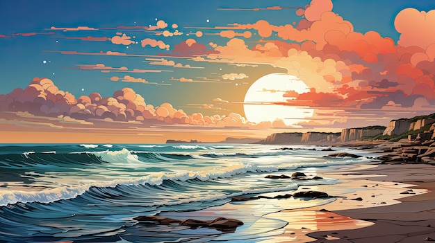 Uma pintura de um pôr do sol sobre a imagem ai generativa do oceano