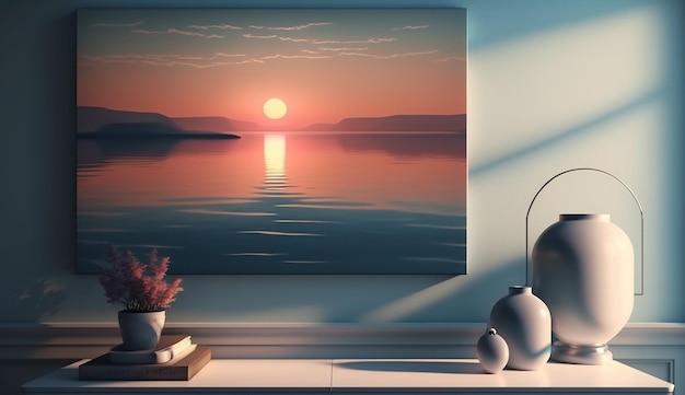 Uma pintura de um pôr do sol sobre o mar