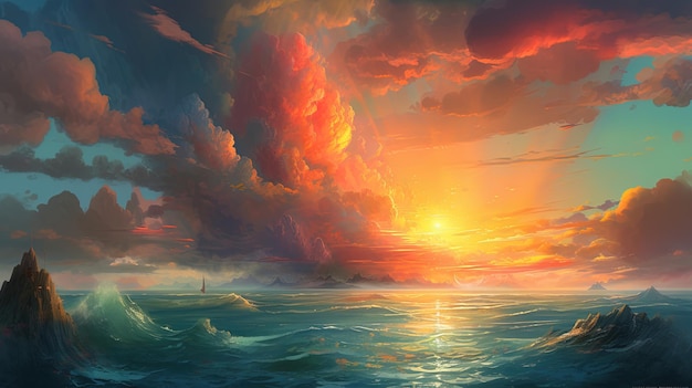 Uma pintura de um pôr do sol sobre o oceano