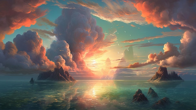 Uma pintura de um pôr do sol sobre o oceano