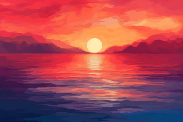 Uma pintura de um pôr do sol sobre o oceano.