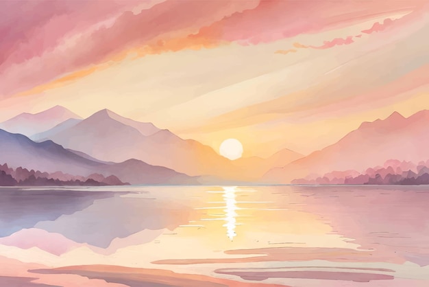 Uma pintura de um pôr do sol sobre um lago com montanhas ao fundo.