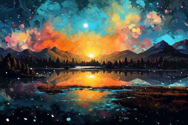 Uma pintura de um pôr do sol sobre um lago com montanhas e o sol brilhando no horizonte.