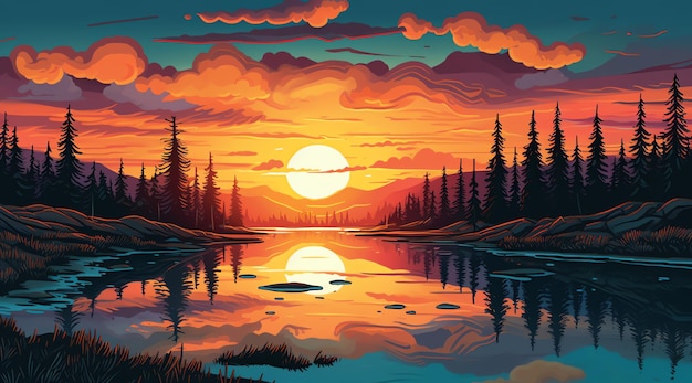 Uma pintura de um pôr do sol sobre um lago com uma floresta ao fundo.