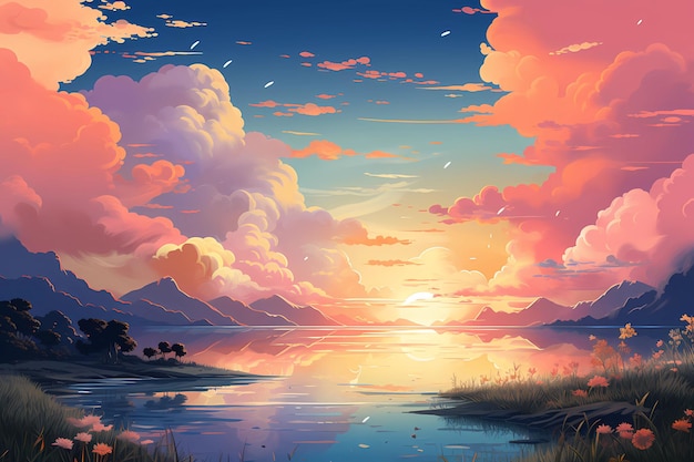 Uma pintura de um pôr do sol sobre um lago e montanhas