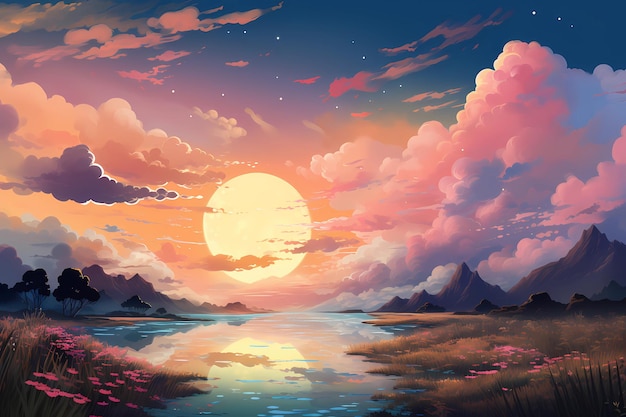 Uma pintura de um pôr do sol sobre um lago e montanhas