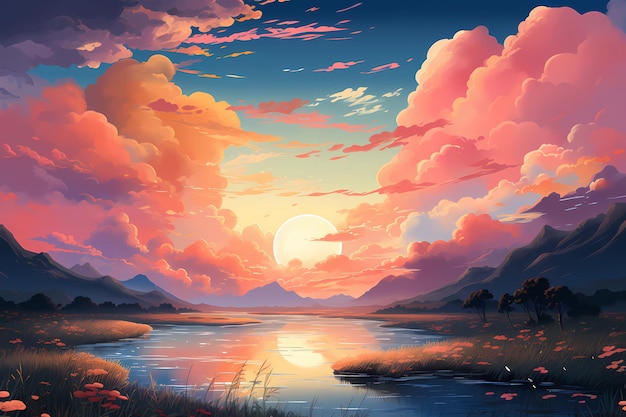 Uma pintura de um pôr do sol sobre um lago e montanhas