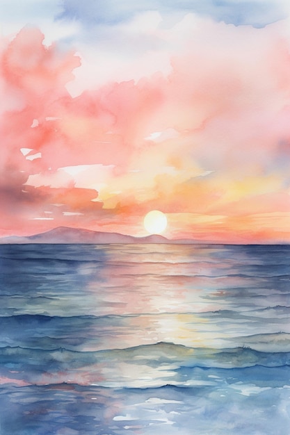 Uma pintura de um pôr do sol sobre uma ilha tropical.
