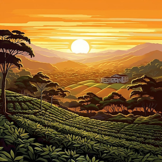 Foto uma pintura de um pôr do sol sobre uma plantação de chá