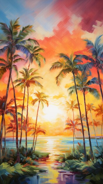 Uma pintura de um pôr do sol tropical com palmeiras