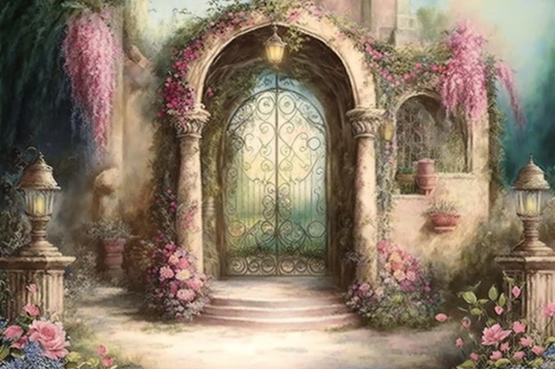 Uma pintura de um portão com um fundo florido.