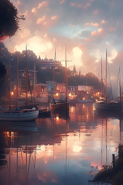 Uma pintura de um porto com barcos e edifícios.