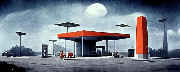Foto uma pintura de um posto de gasolina com uma lua no fundo