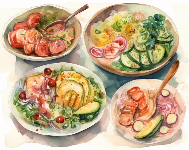 Uma pintura de um prato de comida com uma colher