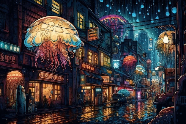 Uma pintura de um prédio com um guarda-chuva que diz "guarda-chuva".