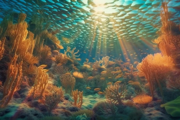 Uma pintura de um recife de coral com o sol brilhando sobre ele.