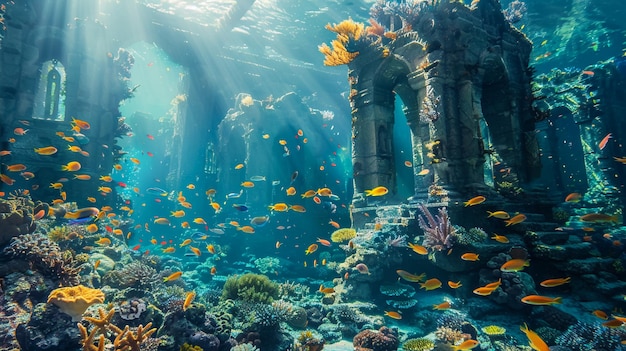 uma pintura de um recife de coral com um edifício sob a água