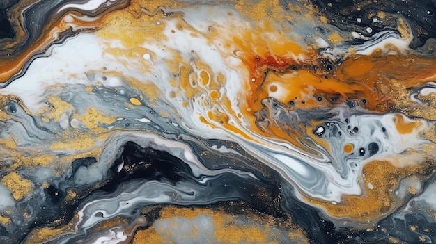 Uma pintura de um redemoinho líquido com tinta laranja e preta.