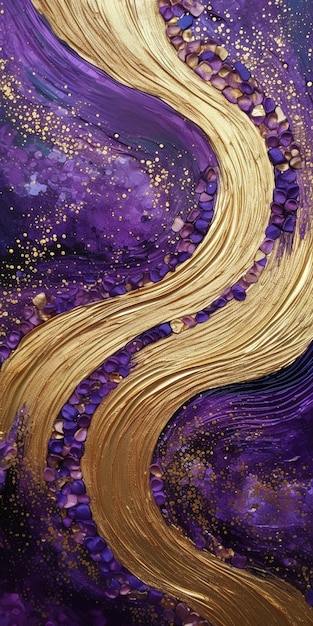 Uma pintura de um redemoinho roxo e dourado com glitter dourado generativo ai