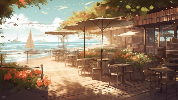 Uma pintura de um restaurante com uma praia e as palavras "café" no lado direito.