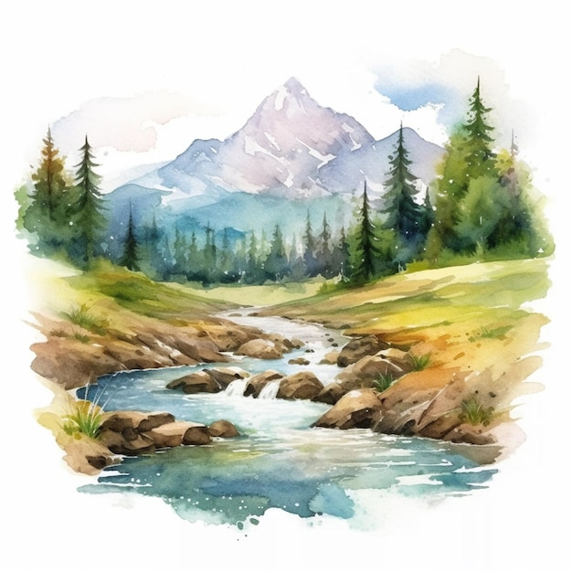 uma pintura de um riacho de montanha com uma floresta ao fundo IA generativa