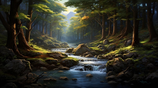 uma pintura de um riacho em uma floresta