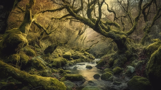Uma pintura de um riacho na floresta com pedras e árvores cobertas de musgo.