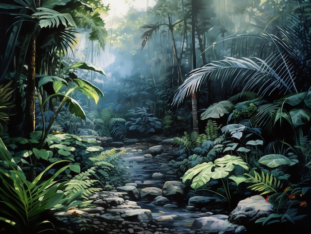 Uma pintura de um riacho na selva