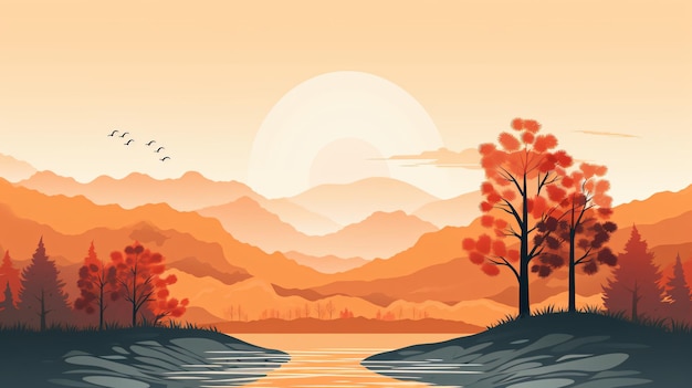 uma pintura de um rio com árvores e montanhas ao fundo