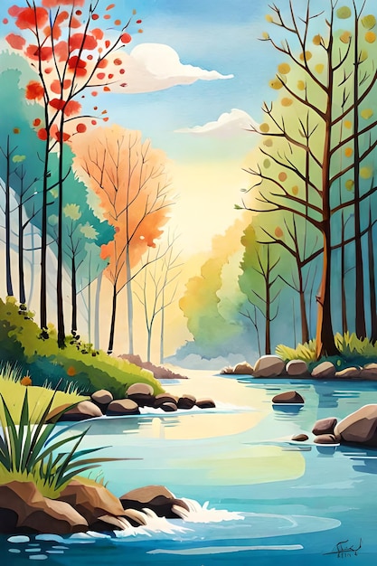Uma pintura de um rio com árvores e o céu ao fundo.
