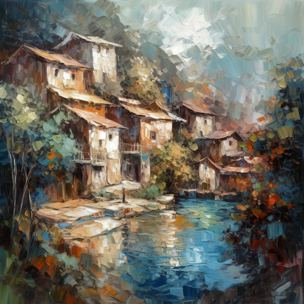 Uma pintura de um rio com casas e árvores ao fundo.