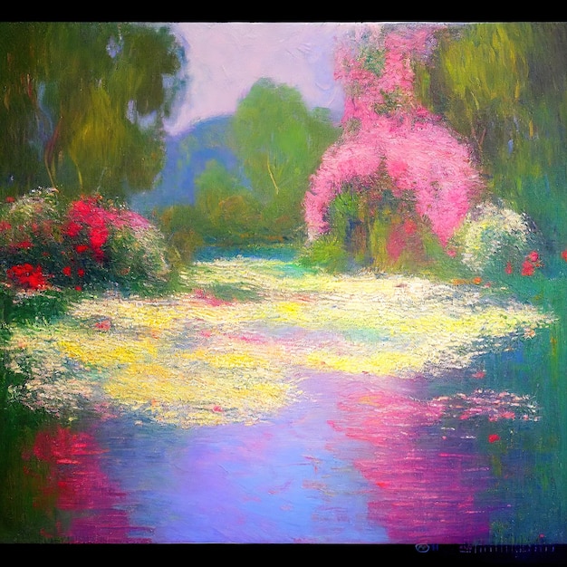 uma pintura de um rio com flores e árvores ao fundo.