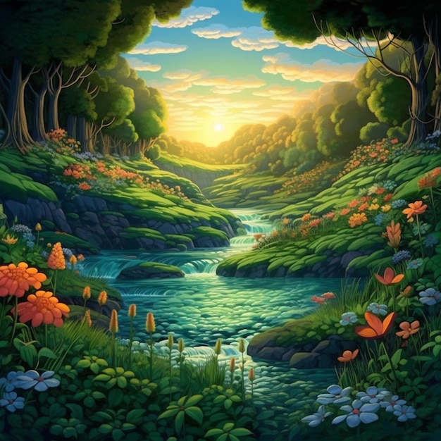 Uma pintura de um rio com flores em primeiro plano.