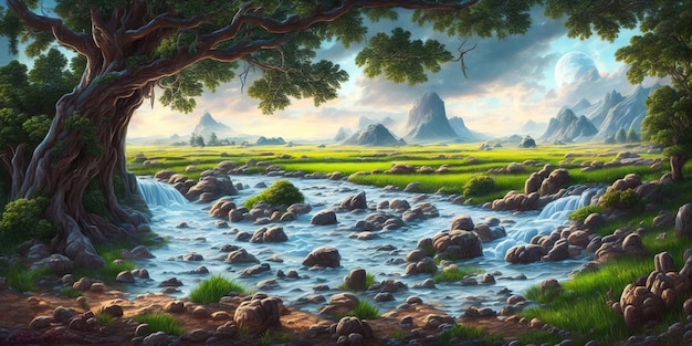 Uma pintura de um rio com montanhas ao fundo.