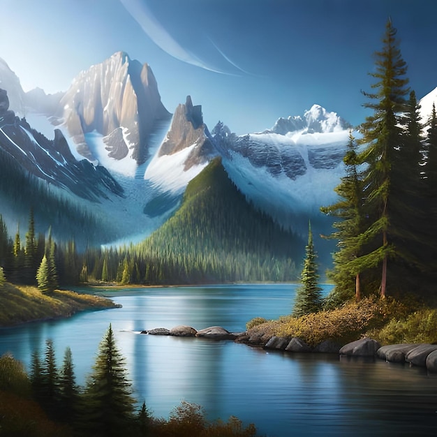 Uma pintura de um rio com montanhas e árvores.