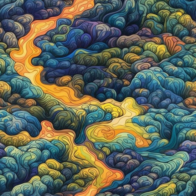 Uma pintura de um rio com muitas ondas de cores diferentes