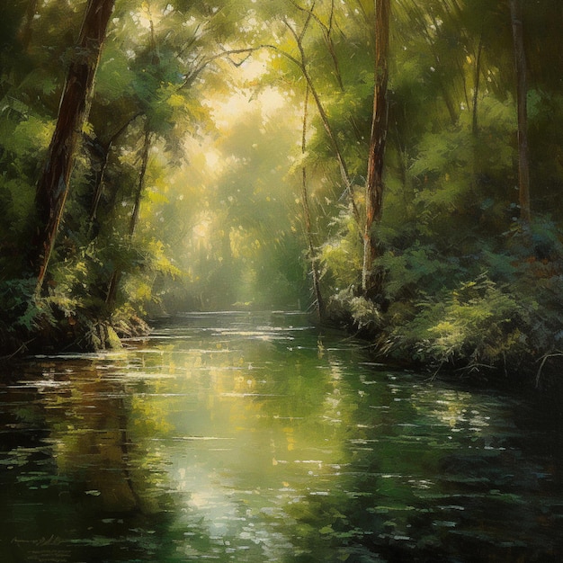 Uma pintura de um rio com o sol brilhando sobre ele