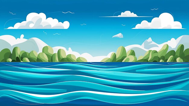 uma pintura de um rio com um oceano azul e um céu nublado