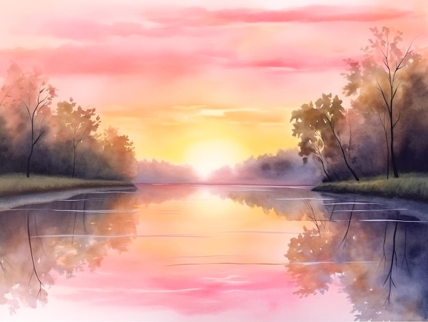 Uma pintura de um rio com um pôr do sol ao fundo
